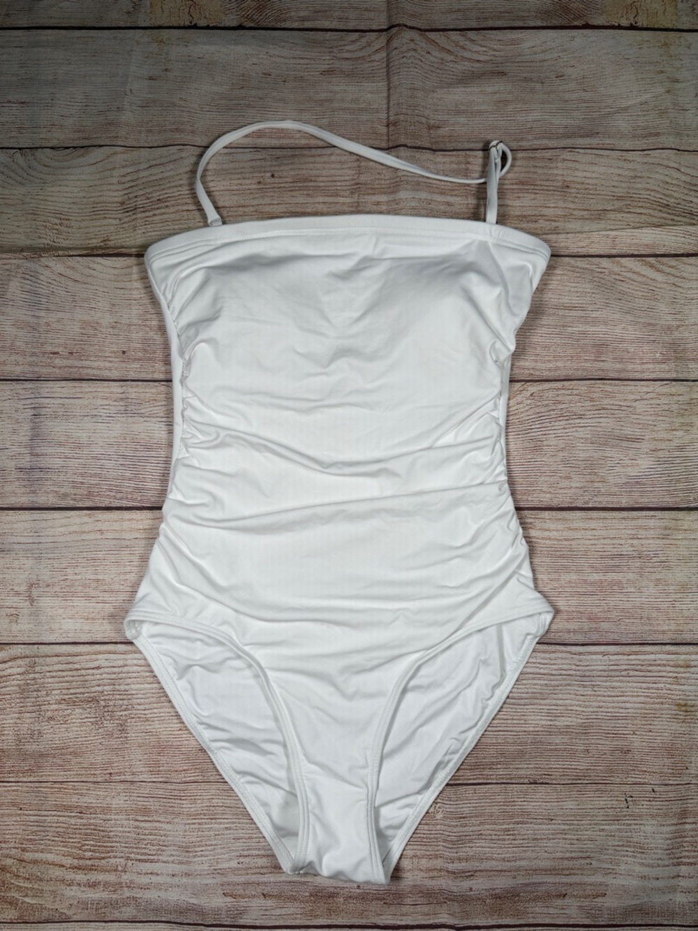 NWT White Strapless or Halter Ruched‎ Women’s One-Piece Swimsuit